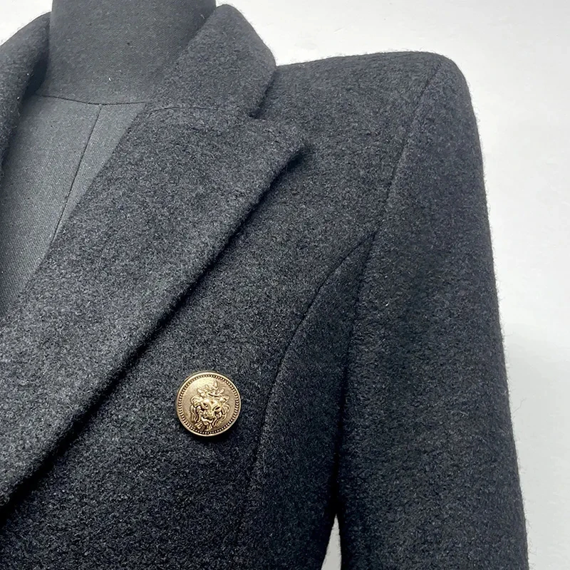 

Korean Black Classic Wool Coat Commuter Elegant Slim Long Sleeve Outwear Fashion Buttoned Blazer Lapel Office Lady Jacket