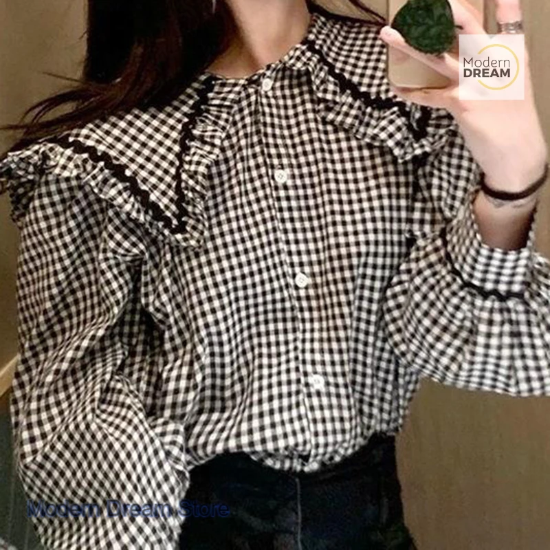 

French retro sweet design doll collar plaid shirt women's spring and autumn new niche fashion casual Joker long-sleeved shirt