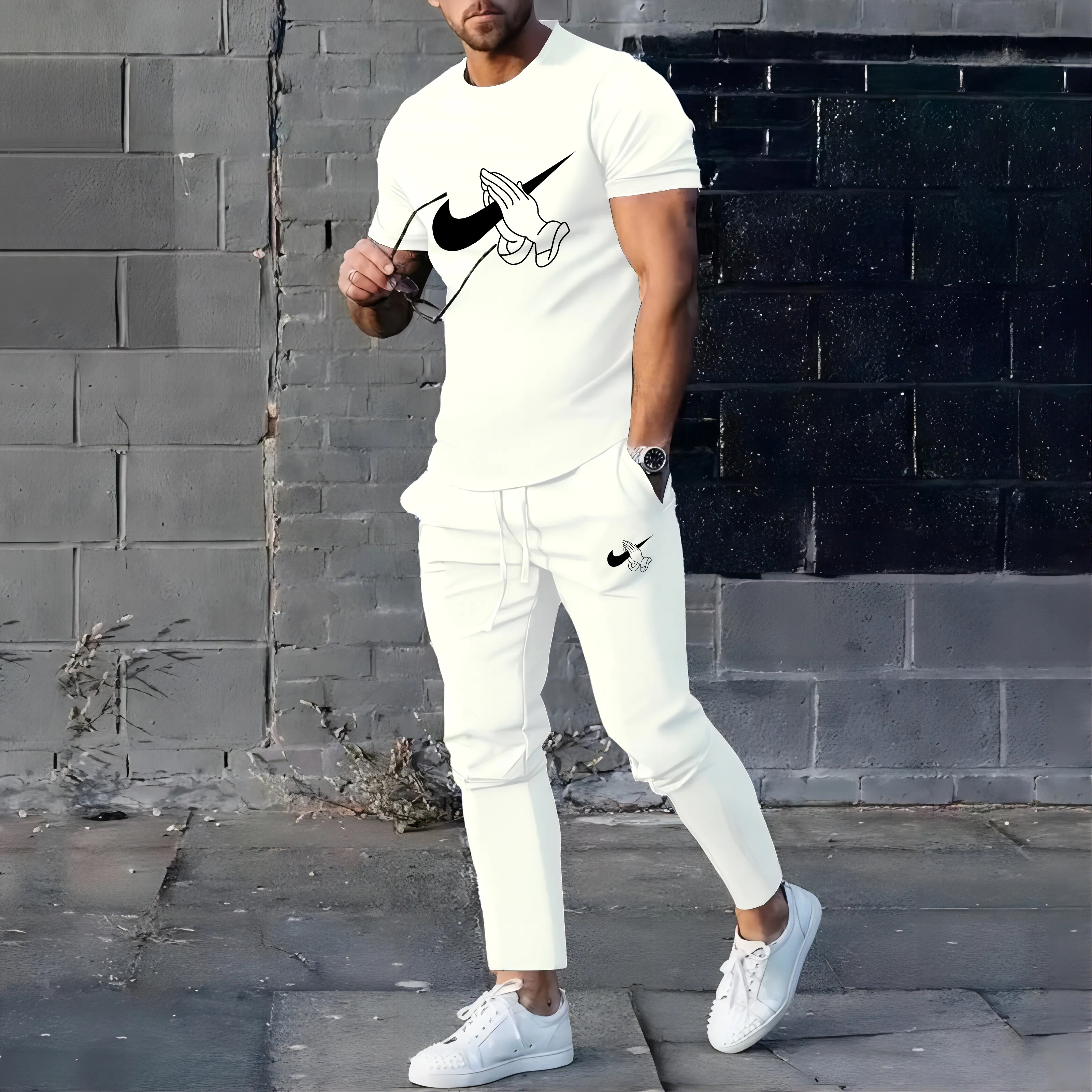 New high-quality 3D round neck short sleeved T-shirt long pants street wear sports men\'s clothing two-piece set for summer 2024