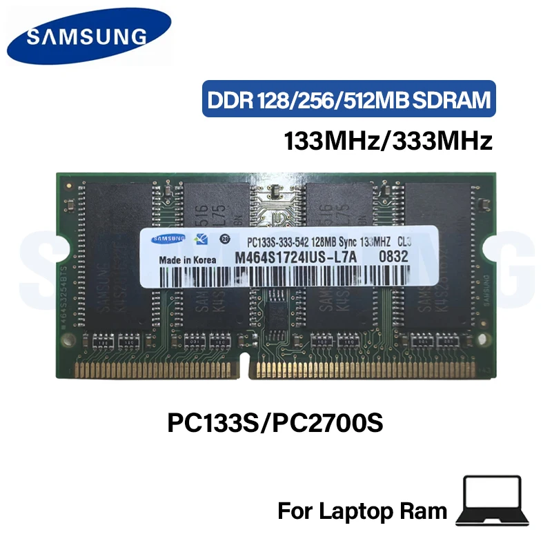 Samsung Laptop SDRAM DDR 128MB 256MB 512MB 133MHz 333MHz PC133S PC2700S Non-ECC Unbuffered 3.3V 144-Pin Notebook Memory