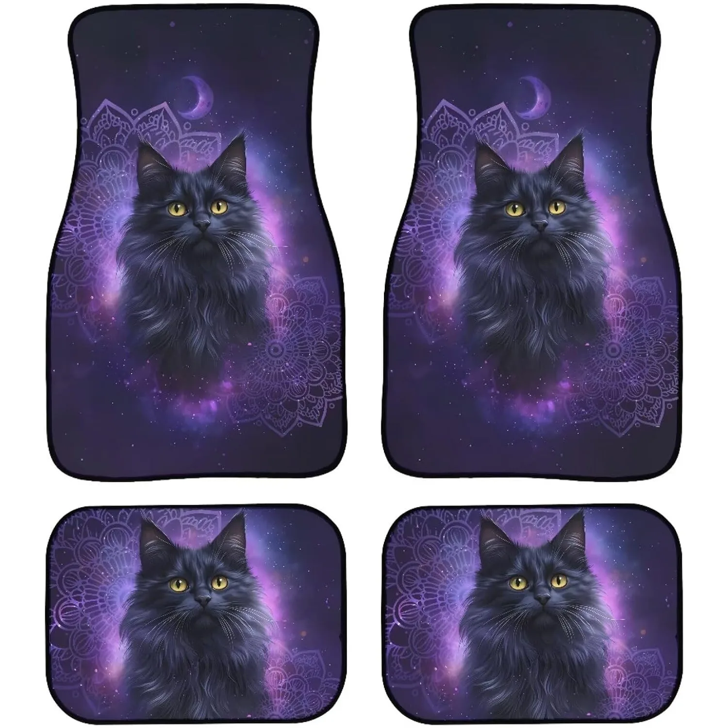 4pcs Moon Mandala Cat Floor Mats For Cars Waterproof Pads All Weather Protection Auto Floor Mats Carpet With Anti-Slip Backing