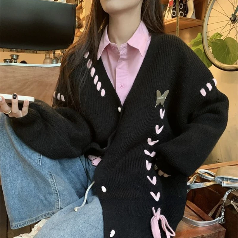 Cardigan Women Baggy Warm Kawaii Lace-up Soft Japanese Style Tender V-neck Aesthetic Outwear Casual Autumn College Girls Popular