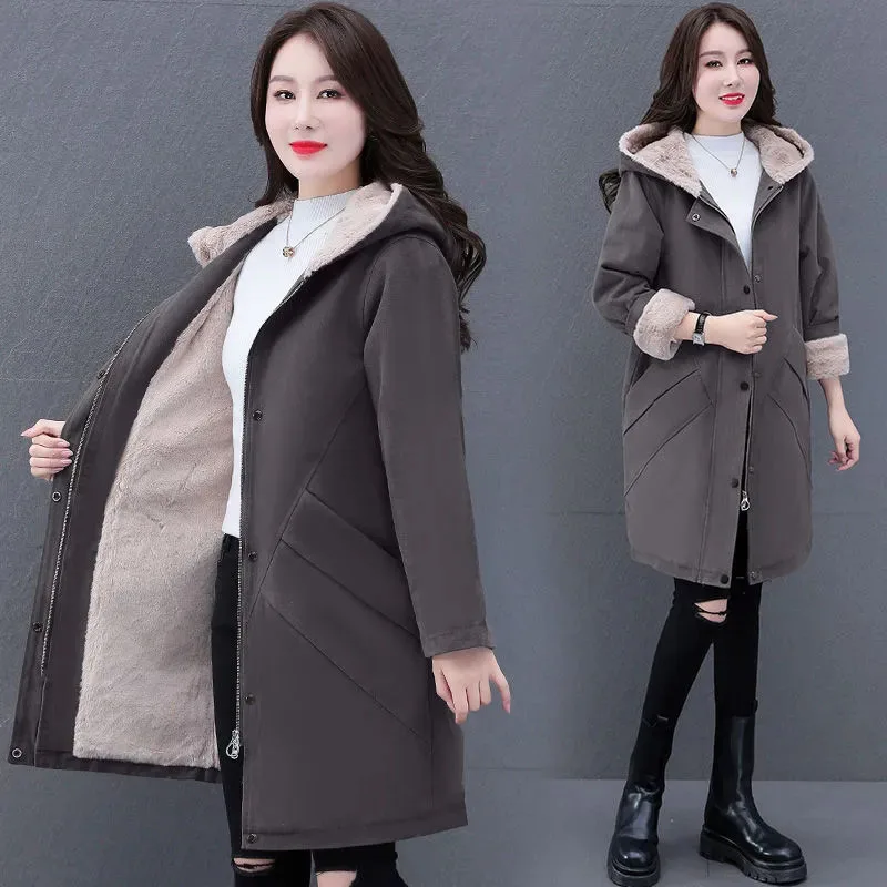 

New Womens Long Cotton Clothes Winter Plus Velvet Warm Hooded Parka Overcoat Large Size Female Cotton Jacket Casual Trench Coats