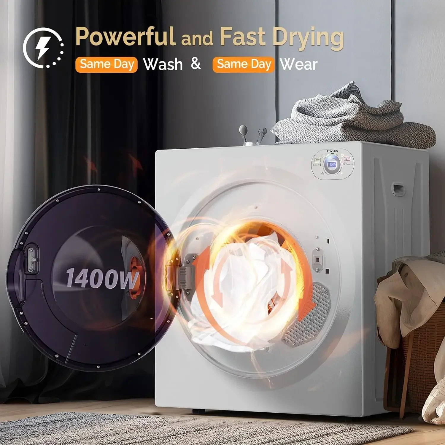 ROVSUN 2.6 Cu.Ft 휴대용 의류 건조기, 1400W 빠른 건조, 프론트 로드 텀블 세탁 건조기, 스테인레스 스틸 욕조