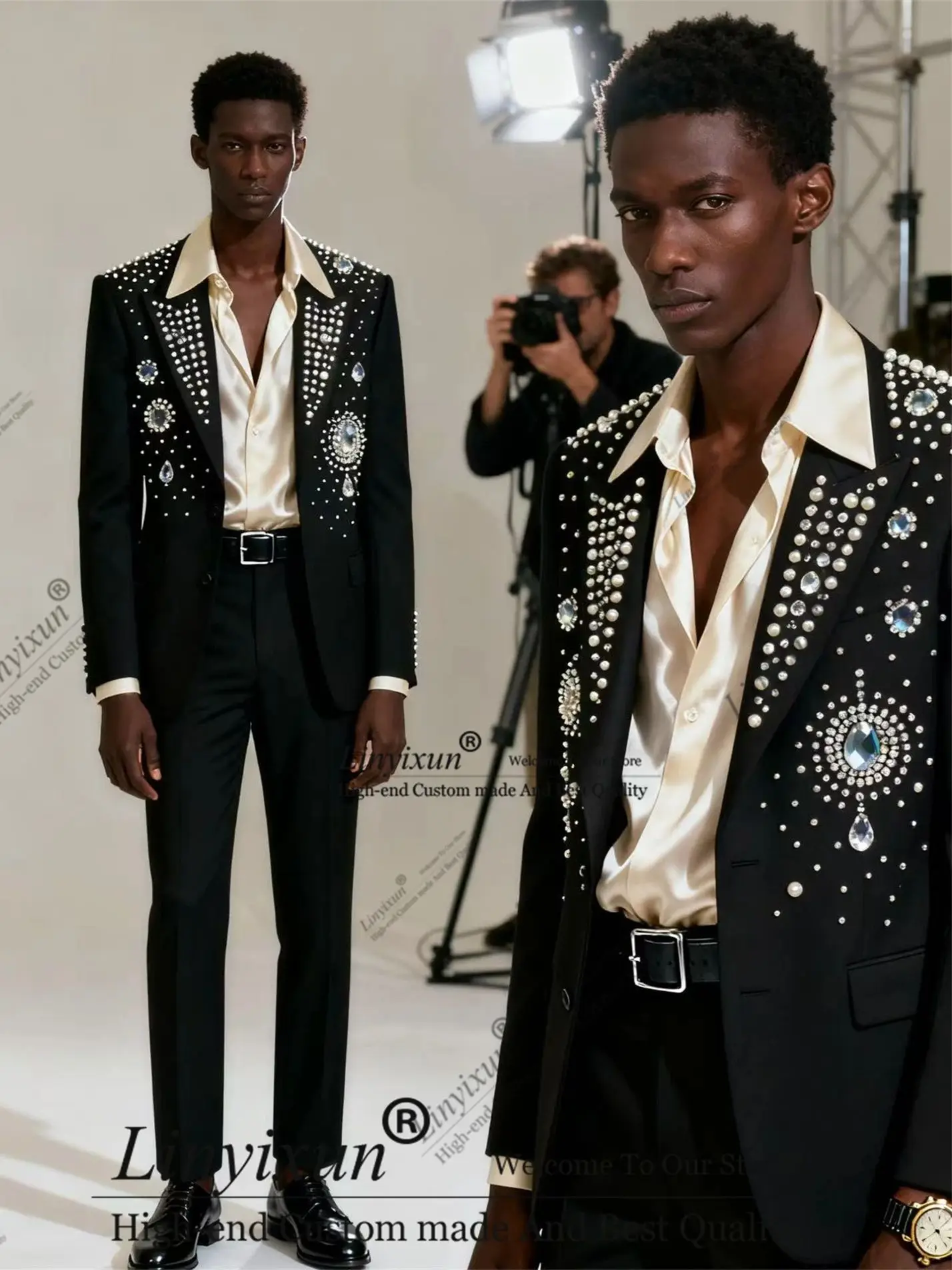 

Unique design Diamond Beaded Men Suit Customized Handsome Wedding Tuxedos Peaked Lapel Ropa Hombre 2 Pieces Groom Male Blazers