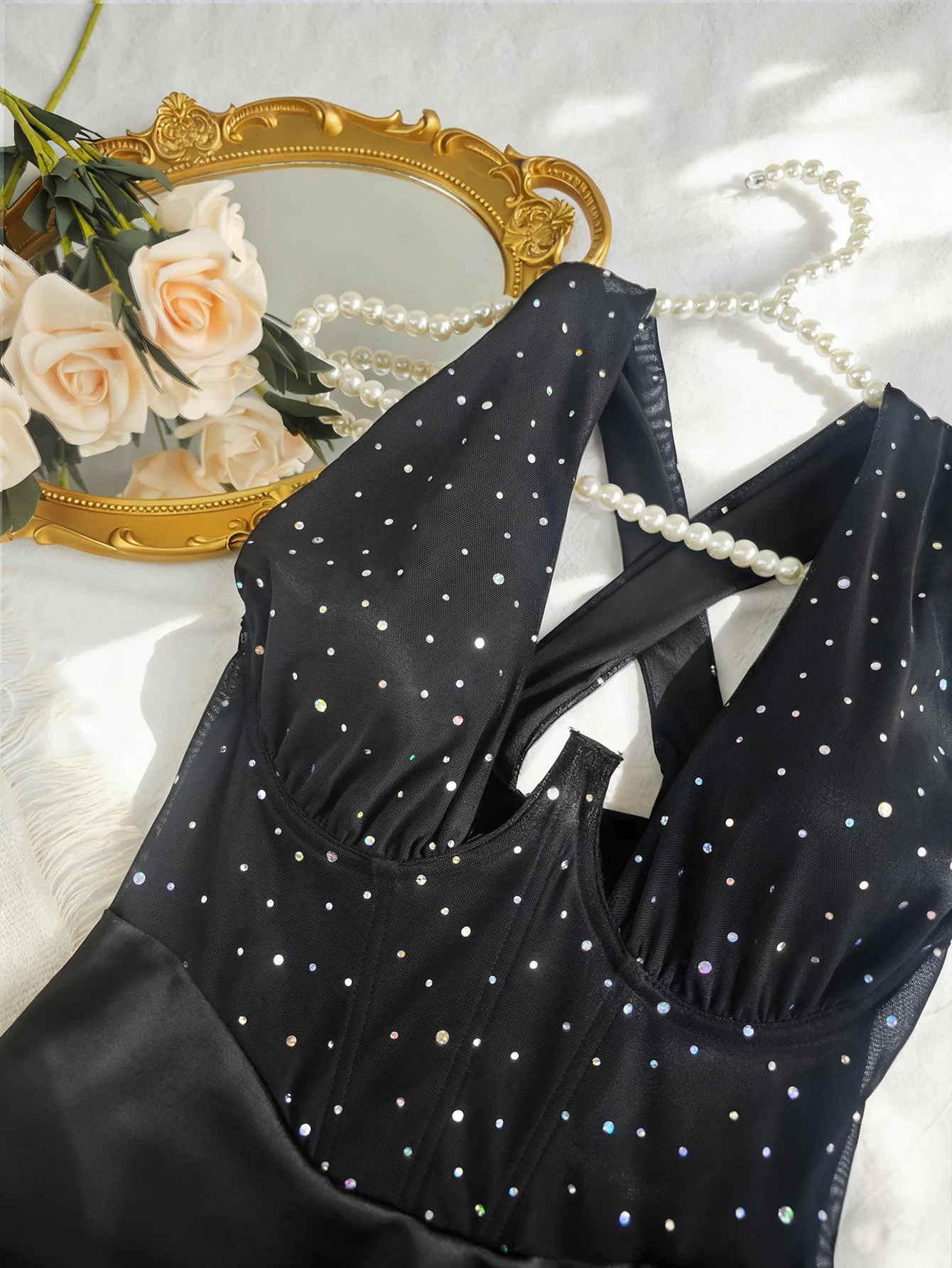 Sexy Black Cut Out Cross Beaded Mesh Perspective Irregular Split Dress Women Elegant Chic Evening Party Club Outfits Wholesale