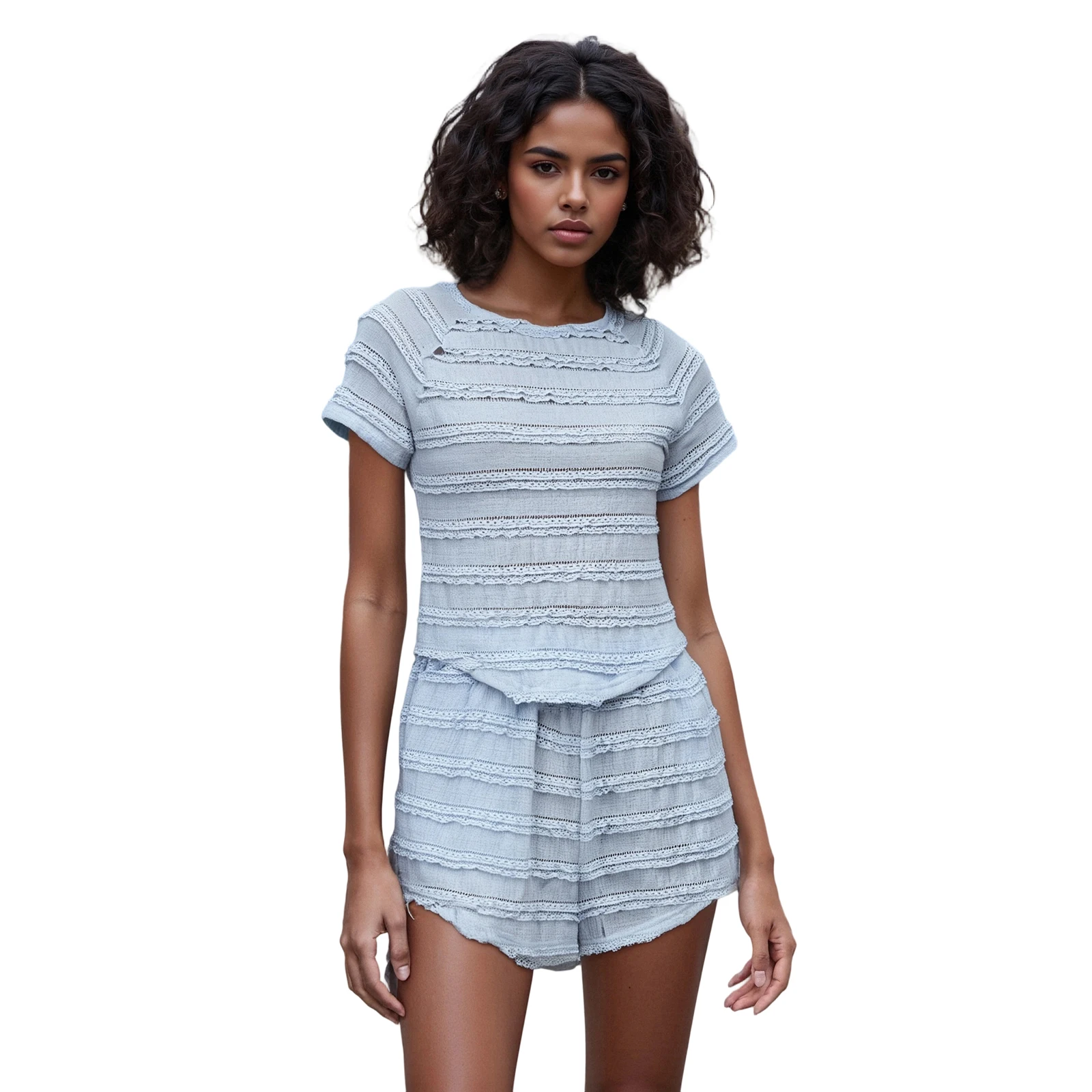 

Женские повседневные комплекты из двух предметов, кружевные топы с короткими рукавами и рюшами, комплект с шортами, уличная одежда