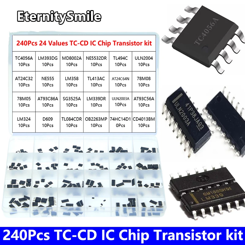 240Pcs/ Box IC Chip Transistor Kit TC-CD 24 Values SMD Integrated Circuit TC4056A TL494CD NE555 LM358D LM393P SG3525A 78M08