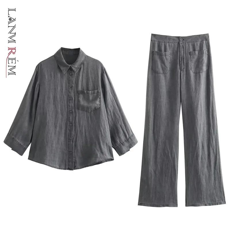 

LANMREM Linen Women 2 Piece Set Clothes Lapel Long Sleeves Shirt Pockets Loose Wide Leg Trousers Fashion 2024 New 32C1312