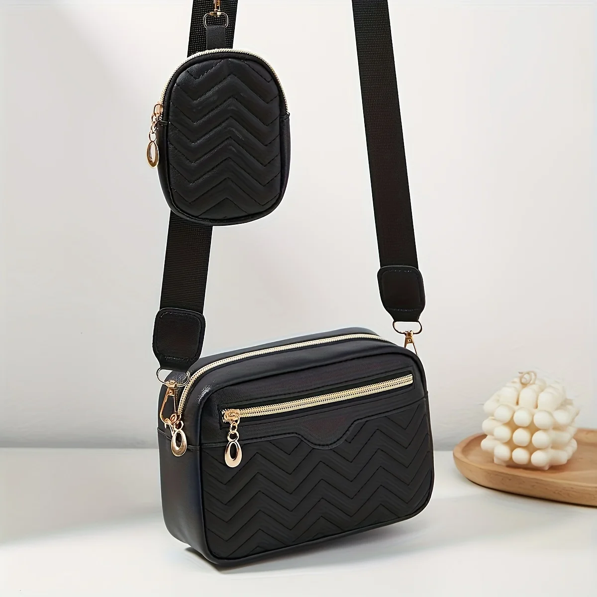 Lässige, minimalistische, quadratische Schultertasche, mit Mini-Hängegeldbörse, Umhängetasche mit gestepptem Muster für Damen, zweiteiliges Set – Detail 1