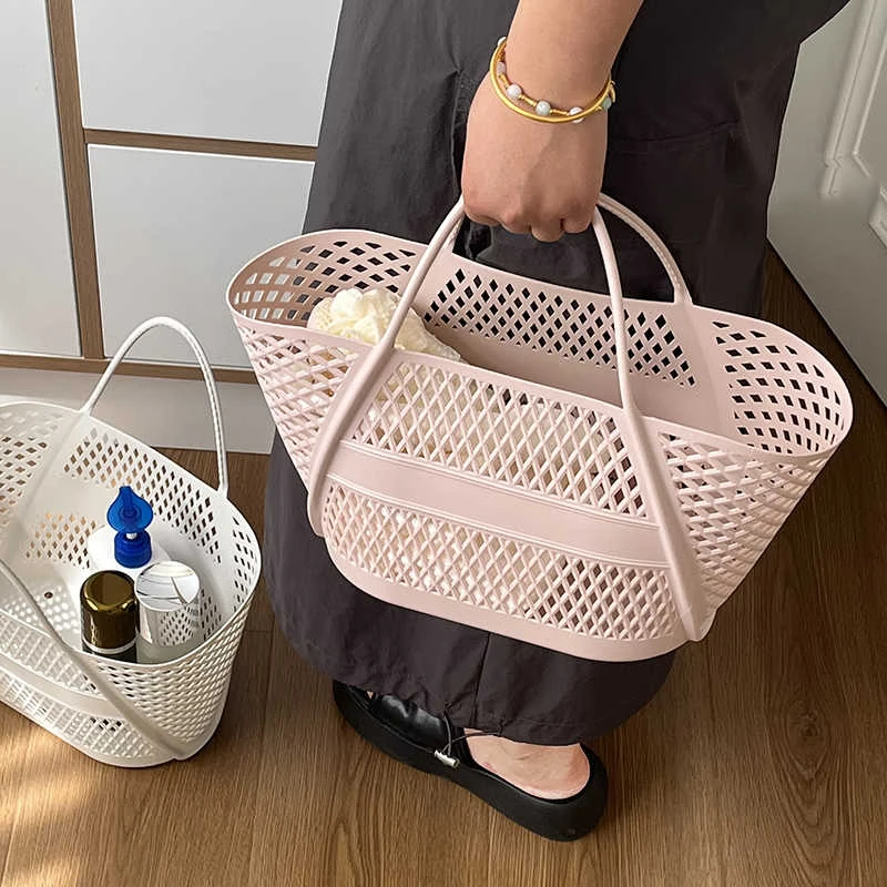 

Summer PP Beach Tote Bag Color Hollow Out Women Large Capacity Shopping Handbag Fashion Solid Color Basket Handheld Bags