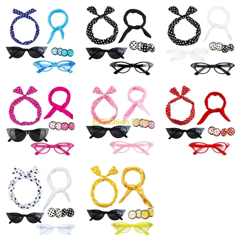 

Y5GC 1950-е годы комплект аксессуаров для костюма шарф повязка на голову серьги бандана галстук кошачий глаз очки