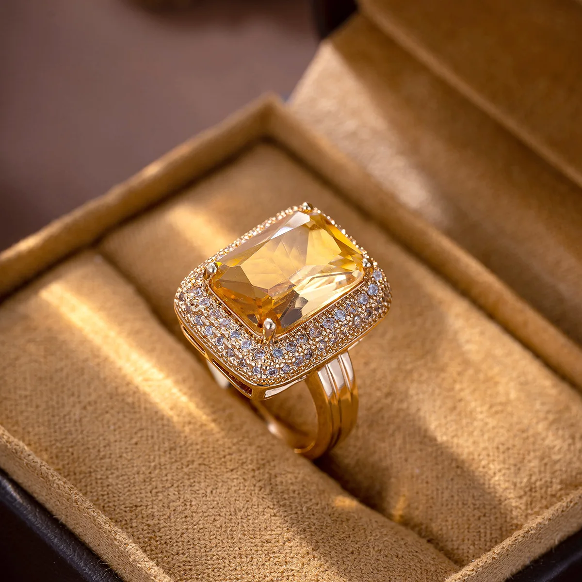 Ajojewel Big Square Yellow Stone Rings For Women Micro Pave Cubic Zirconia Jewelry Finger