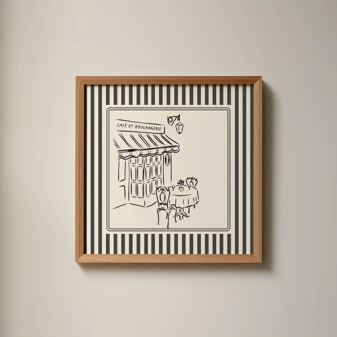 Black and White Striped French Cafe Print, Minimalist Illustration, Digital Downloads, Art Print, Gift Idea, Aesthetic