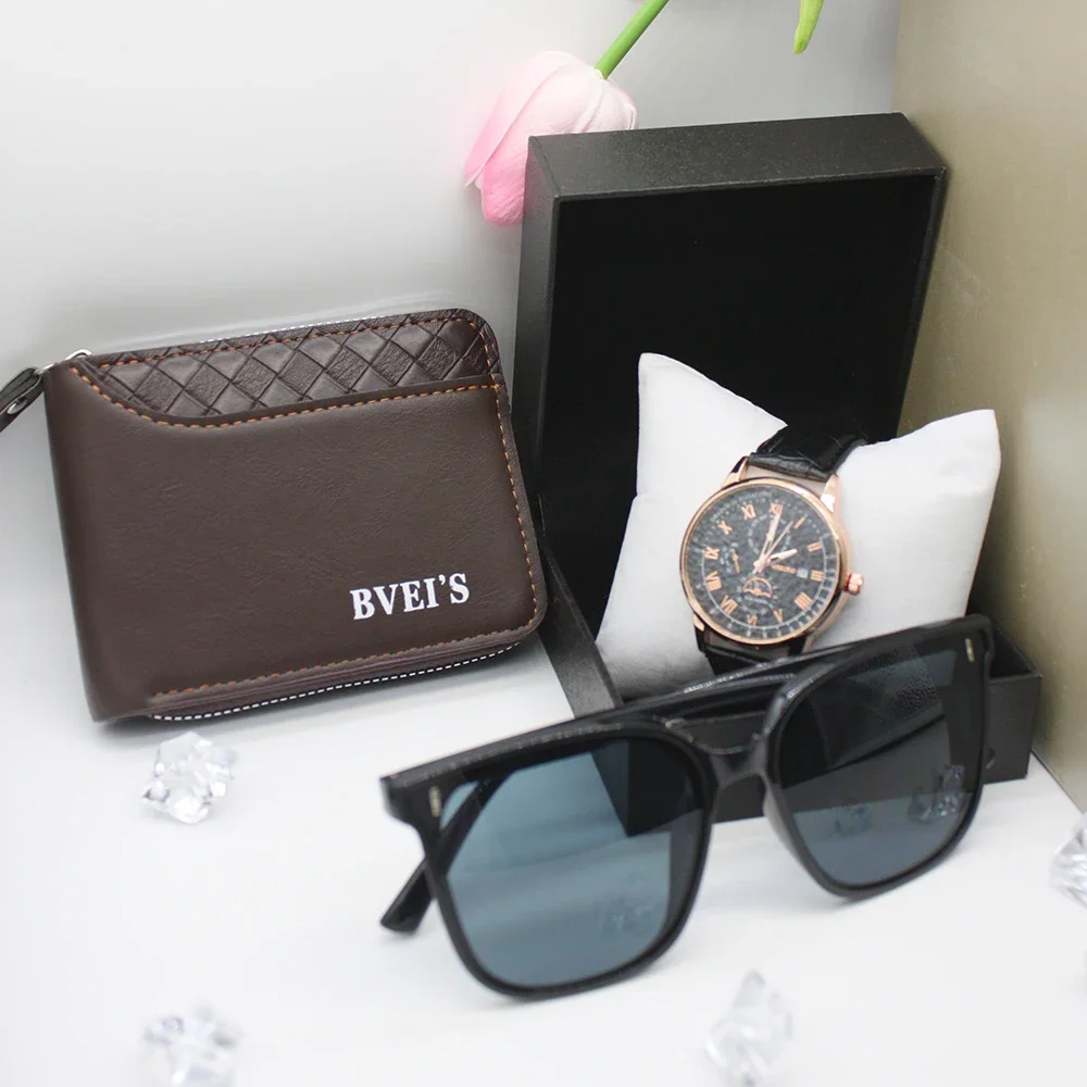 남성용 방수 진짜 석영 시계 세트, 투루 지갑 안경, 충격 방지 하이 퀄리티 패션, 3 개