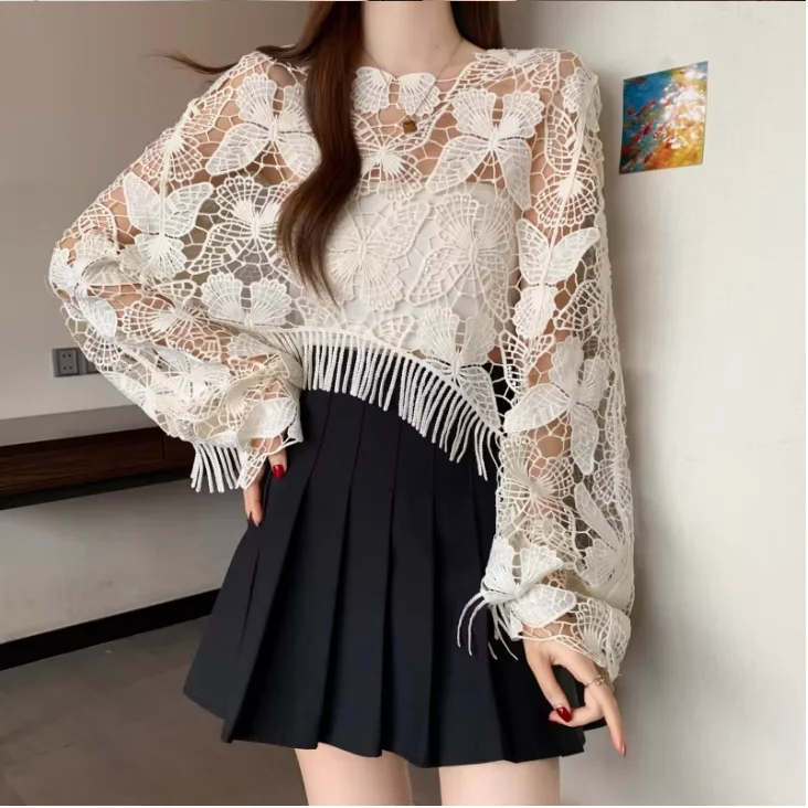 Women Summer Large Size Elegant Hollow Solid Color Sexy Sunscreen Blouse Fashion Short Versatile Loose Tassel Long Sleeve Shawl