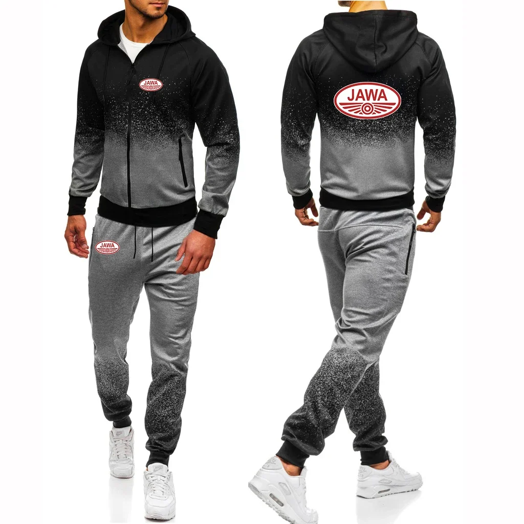 

JAWA Motorcycle 2024 Autumn Men's Set Harajuku Style Zipper Jacket Sport Suits College Gradient Hoodies Casual Sweatpant Set