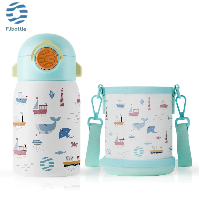 

Fjbottle Stainless Steel Insulated Cup 400ML Cartoon Straw Water Cups Leak-proof Thermos Mug with Cup Sleeve BPA-free Drinkware