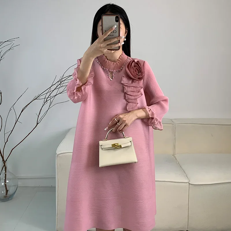 Miyake Style Pleated Dress for Women 2024 Summer New Round Neck High Waist Casual High-end Large Flower Mid-length A-line Skirt