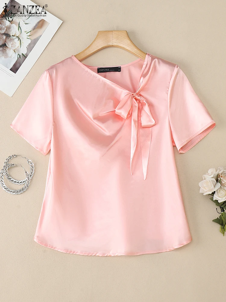 

ZANZEA атласные блузки с короткими рукавами, женские элегантные блузки с бантом и асимметричным вырезом, Blusas Mujer, 2024, летние стильные вечерние однотонные топы