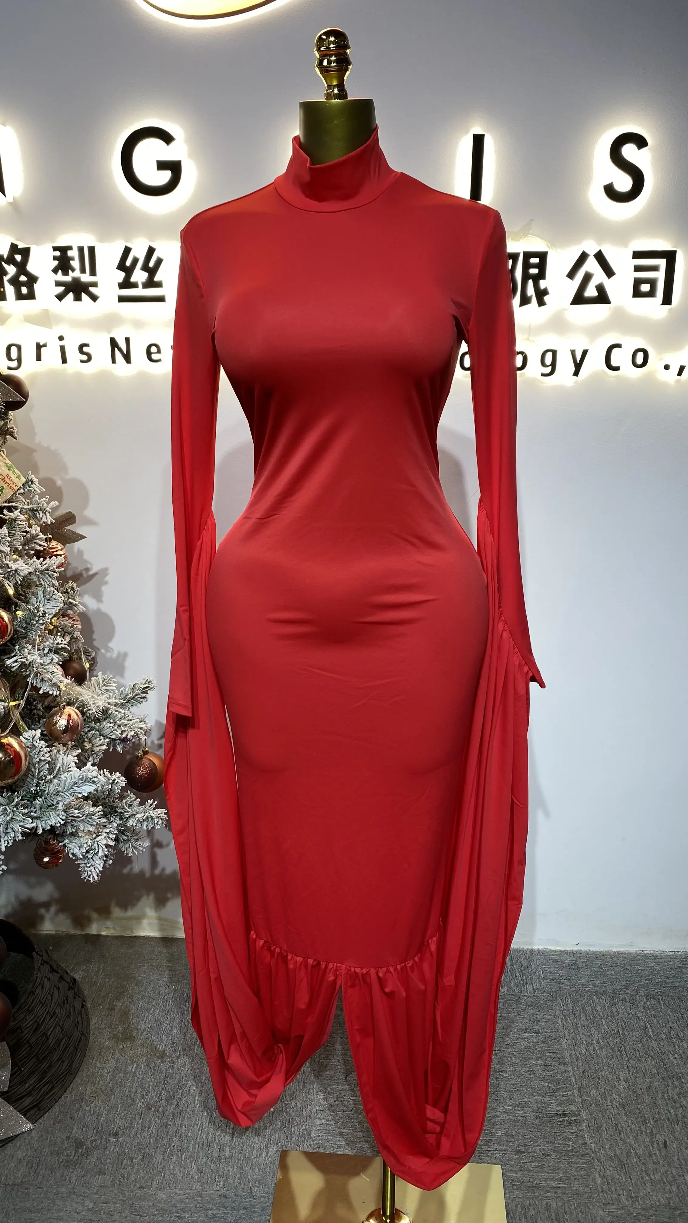 Fashionable French-style high-neck patchwork red maxi dress, chic evening wear, elegant long-sleeved dress-GZXX157