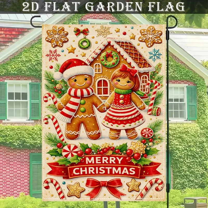 1pc, 2D Flat Printing, Double-Sided Printing, No Electricity Needed Gingerbread Man Couple Pattern, Snowflake Christmas Wreath, Retro Warm Style, Red And Green Festive Color, Letter Blessing Elements, Porch Decoration, Garden Flag