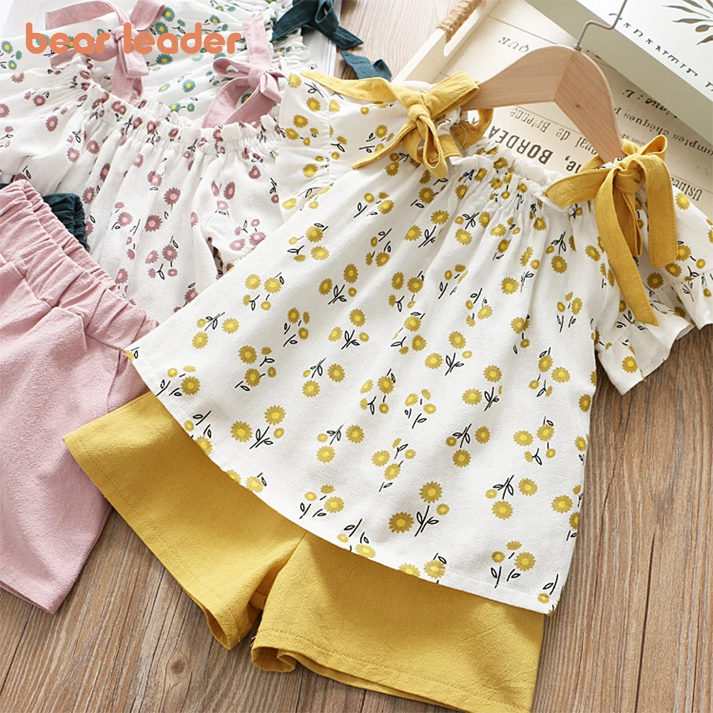 Bear Leader Casual Girls\' Clothing Set Summer Short Sleeved Lace Up Printed Top+solid Color Shorts Set 2-piece Cute Baby Set