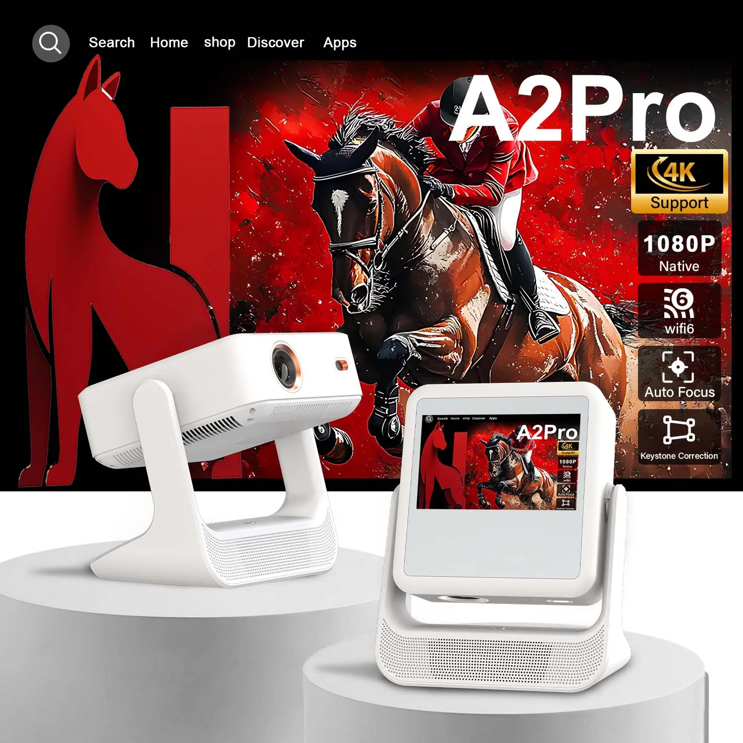 Proiettore 4K 1080P, display touch da 8", Bluetooth wireless, doppio schermo HDMI USB, mini home theater Karaoke