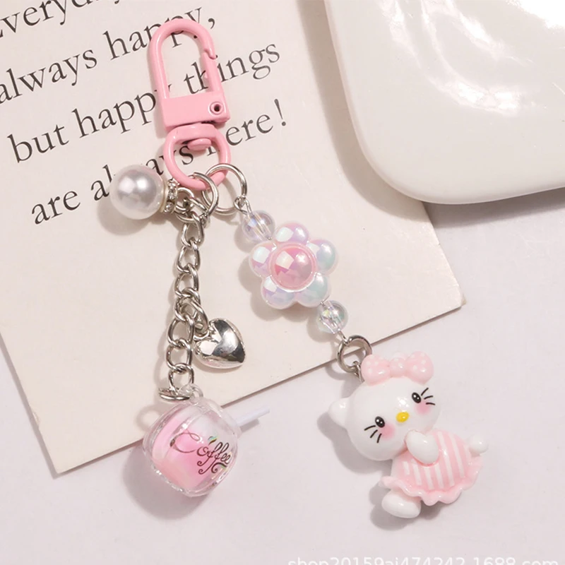 

5 Colors Hello Kitty Keychain Pendant Kawaii Sanrio Kitty Cat Cartoon Colorful Coffee Cup Accessories Girls Bag Charm Decoration