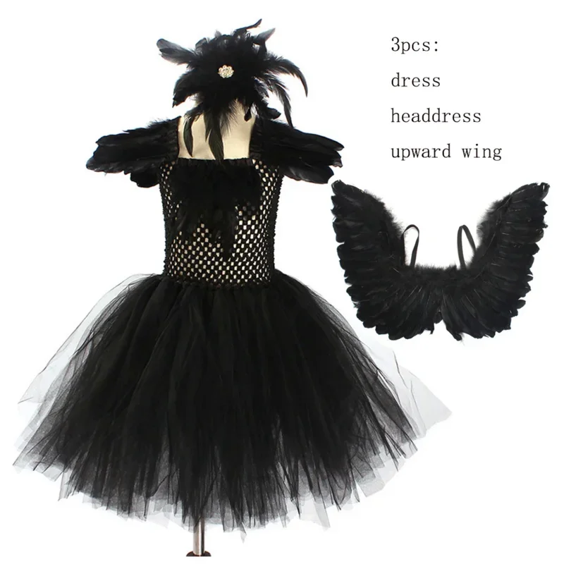 Black Swan Lake ballerina costume for baby girls Gothic witch Halloween tutu dress kids evil Queen Tutu feather dress child