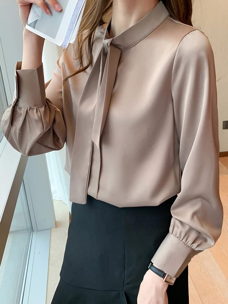 Women's Downs Shirts Long Sleeve Basic Classic Soft Shirt Collared Dressy Casual Solid Color Bow Blouse Long Sleeve Elegant Tops