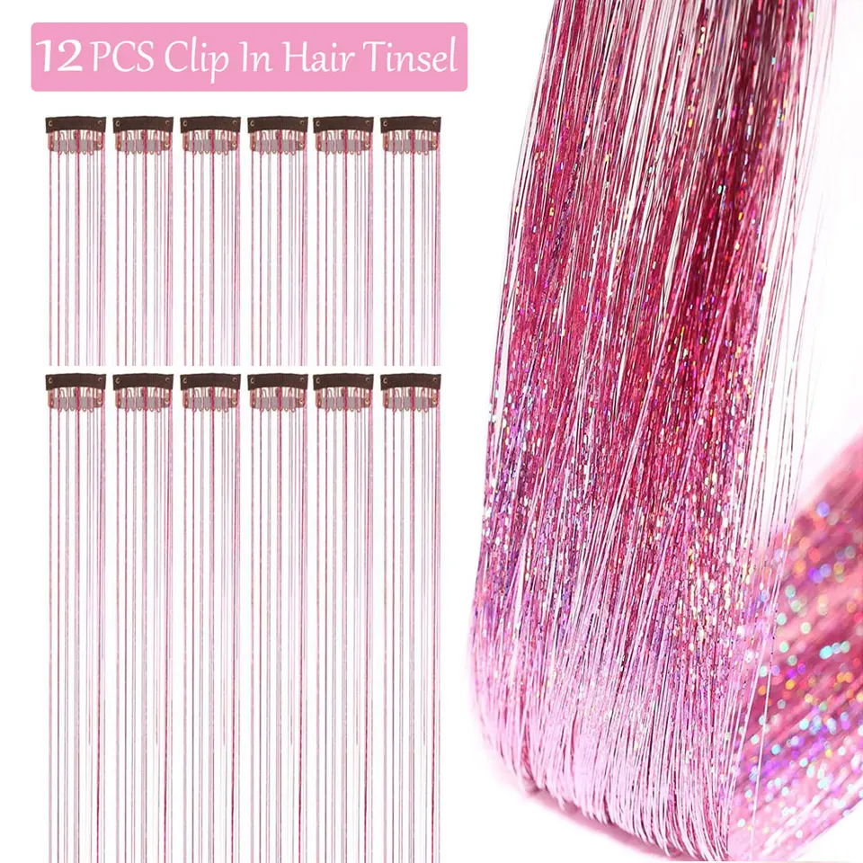 12 piezas de tinsel para cabello con clip de 19.7 pulgadas, extensiones brillantes sintéticas, accesorios para niños, niñas y mujeres 2
