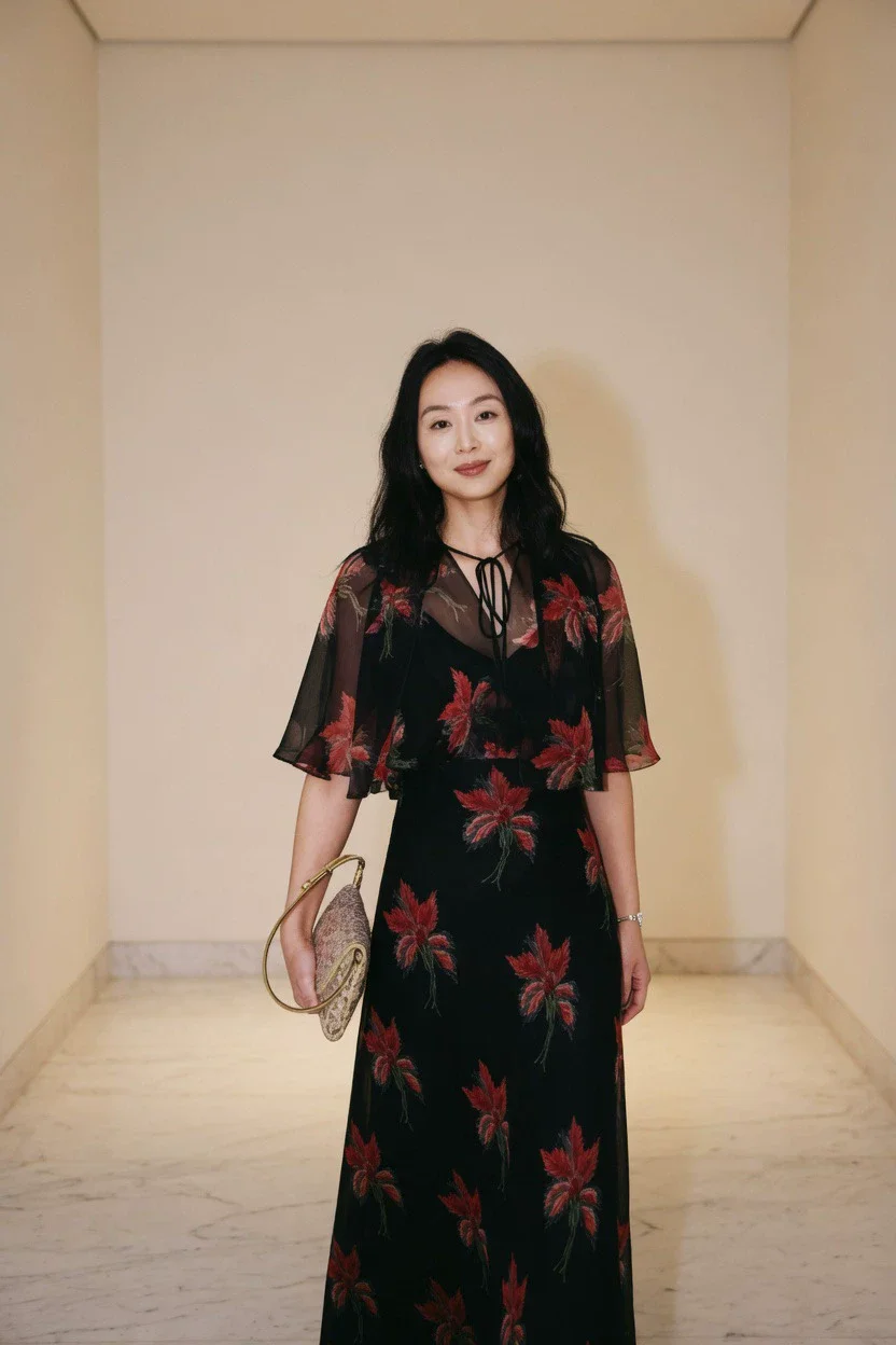 

Black Printed Long Dress Women's Silk Floor Length Chiffon Dress Sexy Ladies Transparent Midi Dress