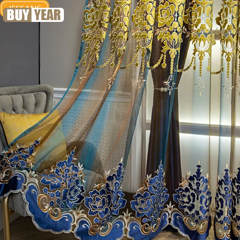 Customized Jewel Blue Hollowed Out Embroidered Window Screen Double Curtains For Living Room Bedroom Villa French Window
