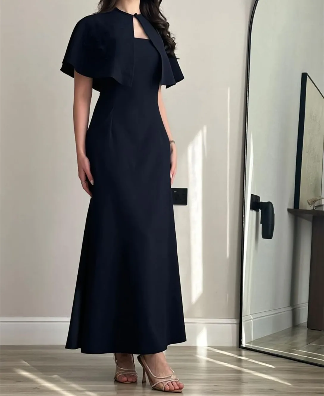 

Customized Short Navy Blue Evening Dresses Crepe Mermaid Pleated حزب اللباس Ankle Length Prom Dresses for Women