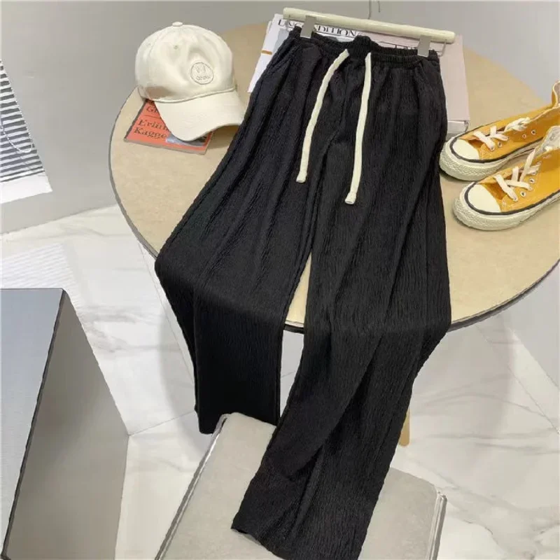 Calça plissada casual feminina, conforto simples, Harajuku, cintura alta, estilo coreano, literária, calças de perna larga, nova moda, primavera