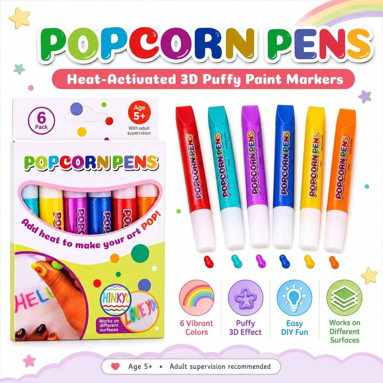 Popcorn Pens, 3D Puffy Popcorn Art Pens, 6‑Color DIY Bubble Popcorn Drawing Pens for Kids Greeting Cards, 6 Pieces‑1 Box