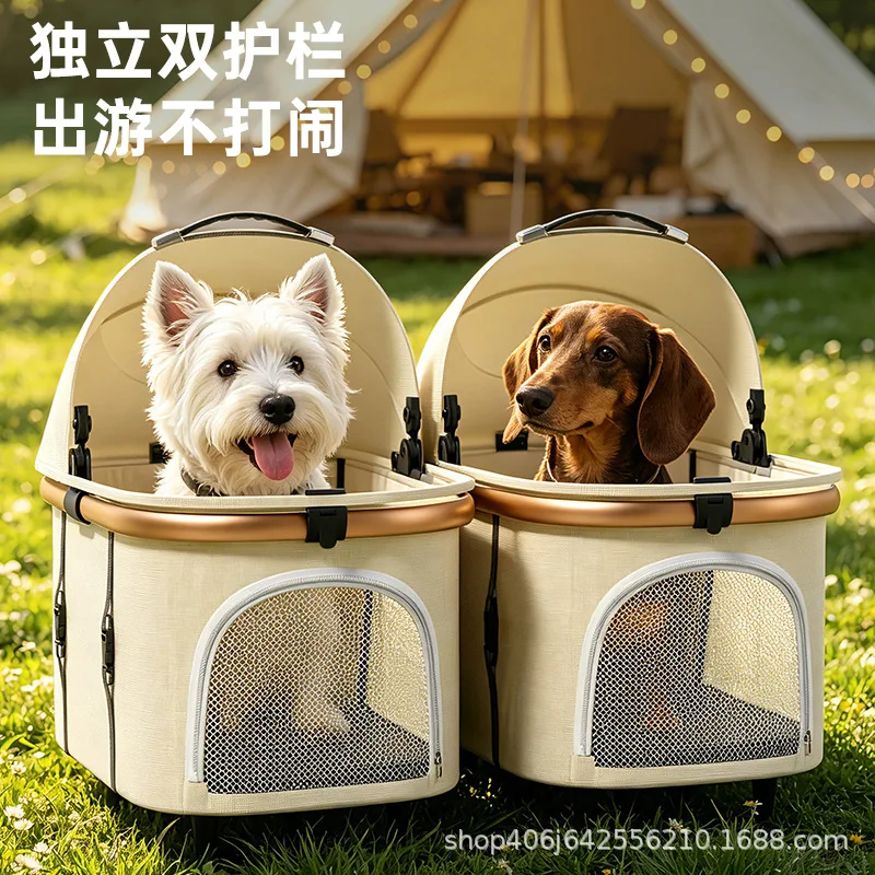 Twin Pet Cart, Double Cabin Walking Pet Artifact, Outdoor Small and Medium Sized Lightweight Foldable Double Layer Cart