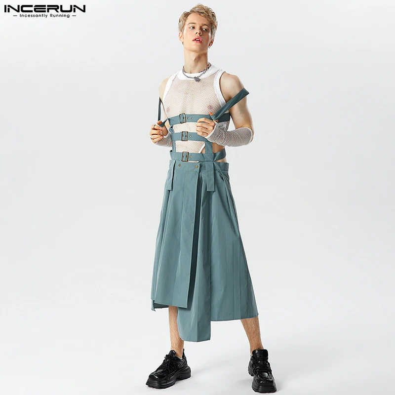 Stylish Well Fitting Men Rompers INCERUN Pleated Design Skirts Pants Casual Irregular Hem Solid Straps Half Skirt Jumpsuit S-5XL