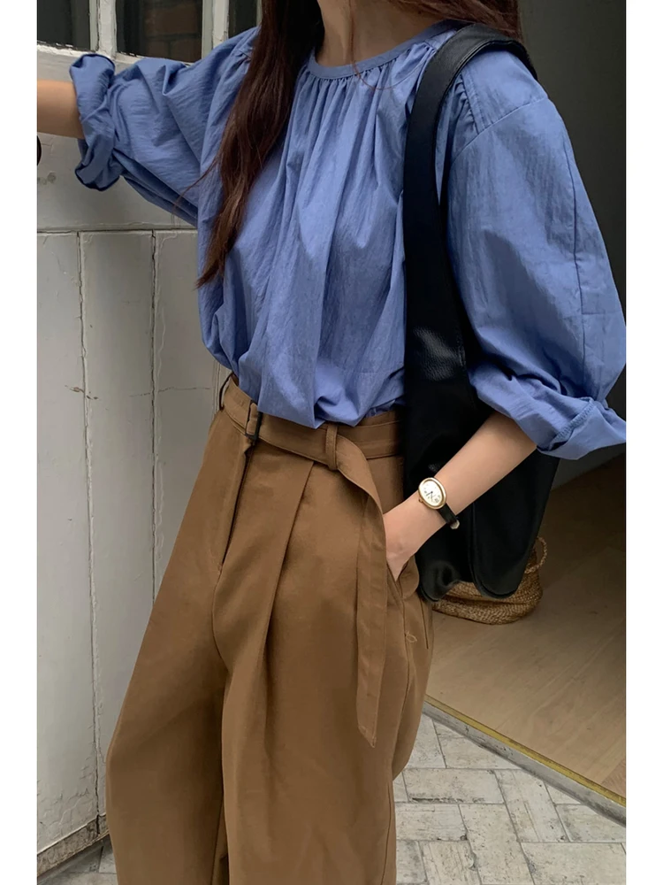 

Ele round Ne Pullover Pleated A-Line Loose Long Sve Cotton Silk irt Women's Top Slimming Spring Autumn C30