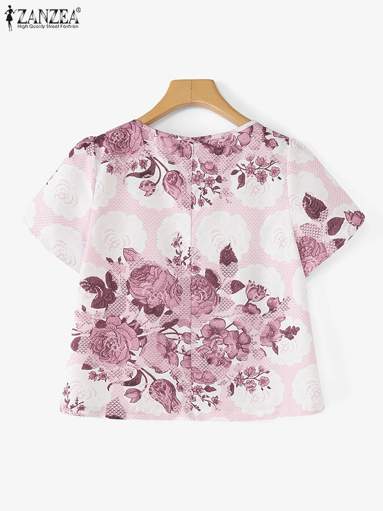 Women Floral Print Blouse ZANZEA Summer Short Puff Sleeve Tops Bohemian V-Neck Elegant Office Lady OL Shirts Fashion Clothing