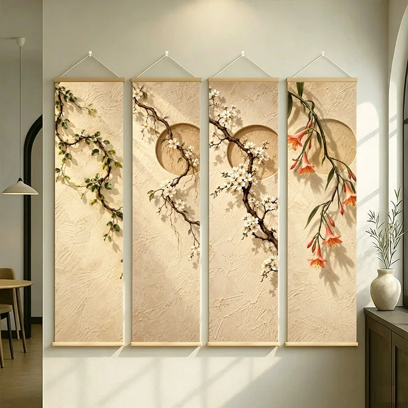 Wall Art Creeping Fig and Firecracker Flower, Wabi-Sabi Silver Shimmer Canvas Hanging Scroll for Reading Nook Home Decor