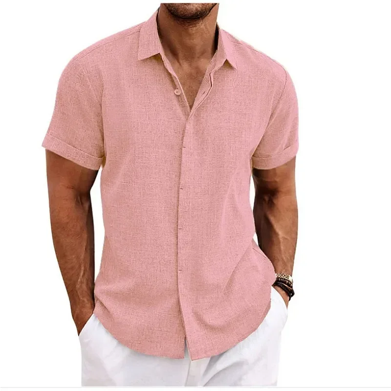 

Top Flax Loose Leisure Tees European and American Men's Large Size Shirts Summer New Solid Color Short Sleeve Lapel Male Shirt