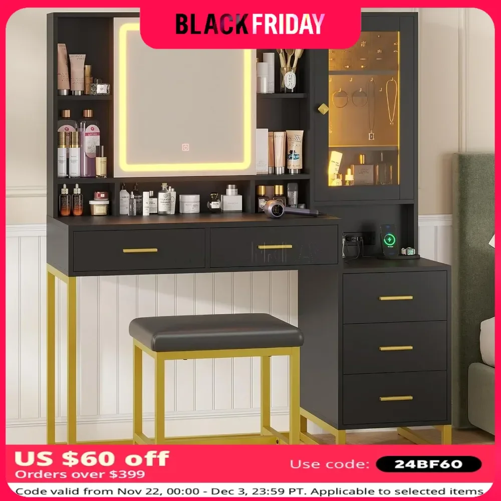 Makeup Vanity Desk with Mirror, Lights and Charging Station & Makeup Stool, RGB Jewelry Cabinets and Hidden Storage, Beach