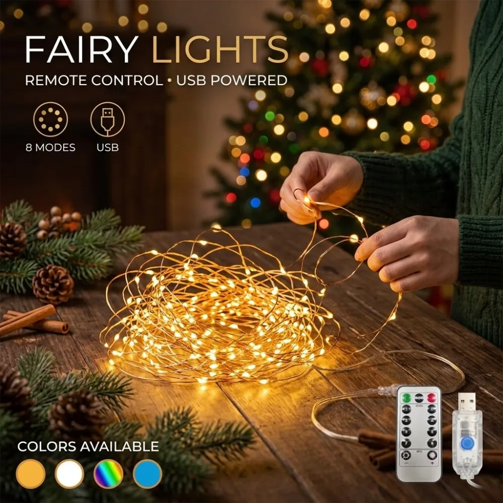 USB Fairy Lights Copper Wire Remote Control 8 Modes Warm White for Christmas Party Wedding Home Bedroom Decor