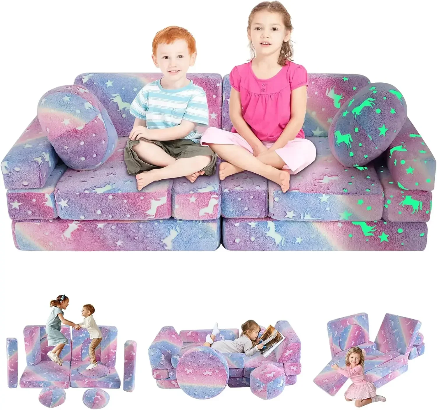 

13 PCS Kids Play Couch, Modular Glowing Kids Toddler Couches, Kid Play Couch Sofa for Playroom and Bedroom (Rainbow)