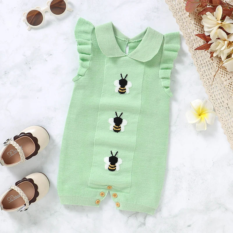 

Baby Romper Knitted Newnborn Girl Jumpsuit Short Sleeve Summer Infant Kid Clothes 0-18M Fashion Turn-down Collar Overalls Ruffle