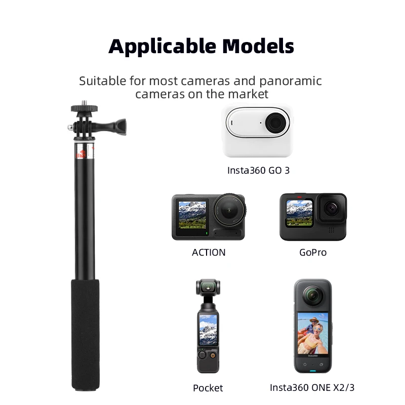 Selfie Stick for DJI Pocket 3/Insta360 X3/X2/Gopro 11 10 Hreo Black Aluminum Selfie Stick Action/Panoramic Camera Accessories