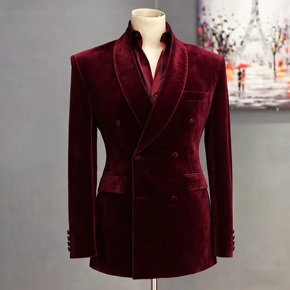 

Burgundy Velvet Men Suits Double Breasted Shawl Lapel Wedding Groom Prom Blazer Formal Custom Male Outfits 2 Pieces Jacket Pants