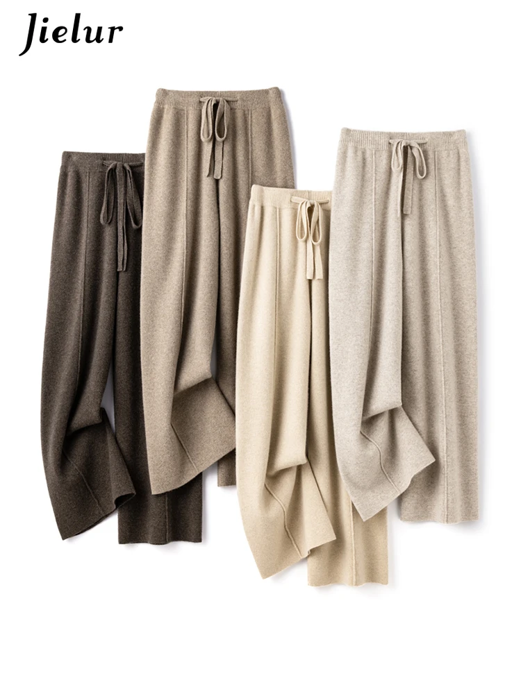 Jielur Women's Cashmere Wide Leg Pants Spring Autumn Korean Fashion High Waist Loose Women Casual Solid Color Straight Leg Pants